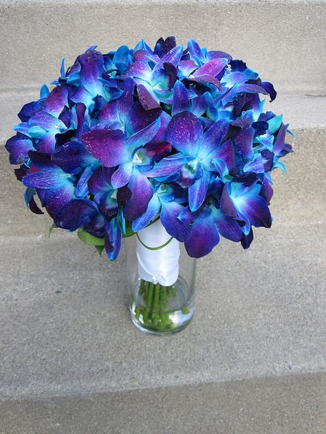 bouquet with blue orchids -  bridesmaids to have these bouquets Blue Orchid Wedding Bouquet, Blue Orchid Bouquet, Orchids Bouquet, Wedding Flowers Blue, Blue Orchid Wedding, Orchid Bouquet Wedding, White Carnations, Galaxy Wedding, Orchid Bouquet