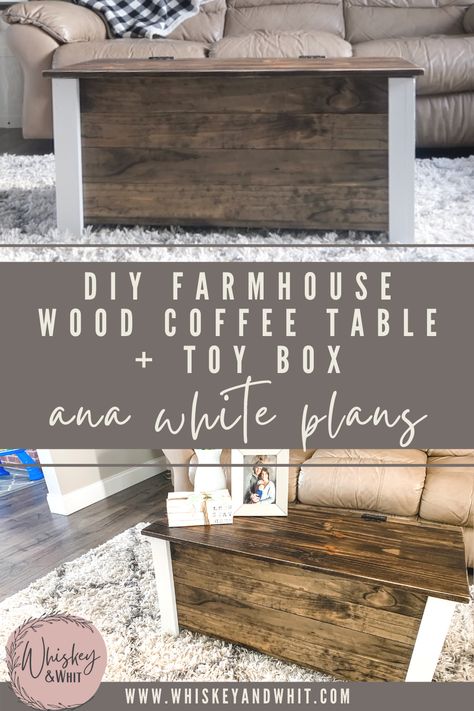 DIY Wood Coffee Table with Hidden Storage - Whiskey & Whit Easy Diy Coffee Table With Storage, Diy Square Coffee Table With Storage, Diy Wood Coffee Table, Diy Coffee Table With Storage, Diy Storage Coffee Table, Homemade Coffee Tables, Diy Coffee Table Plans, Table With Hidden Storage, Diy Farmhouse Coffee Table