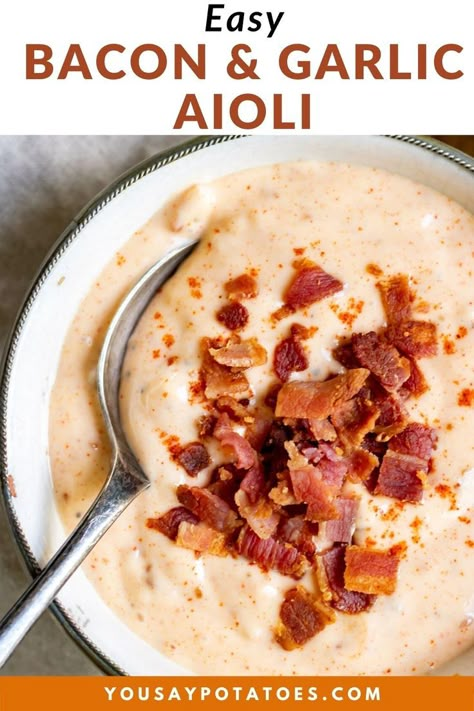 This garlic Bacon Aioli recipe is bursting with smokey bacon flavor! It is perfect for dipping fries, spreading on sandwiches or burgers, or using as a topping for steak or chicken. It's simple to make and can be whipped up in just a few minutes! Maple Bacon Aoli Recipe, Bacon Aoili Recipe, Bacon Sauce Recipes, Bacon Mayonnaise Recipe, Aoili Recipe Easy, Aioli Recipe For Burgers, Bacon Aioli Recipe, Maple Aioli, Aioli Recipe Easy