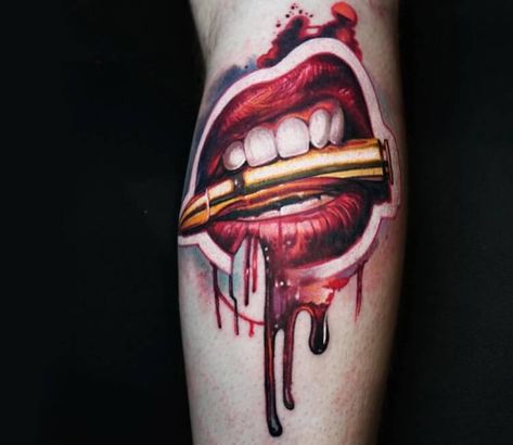 Lip Print Tattoos, Bullet Tattoo, Mouth Tattoo, Girl Face Tattoo, Money Tattoo, Wicked Tattoos, Chest Piece Tattoos, Tattoo Lettering Fonts, Modern Tattoos