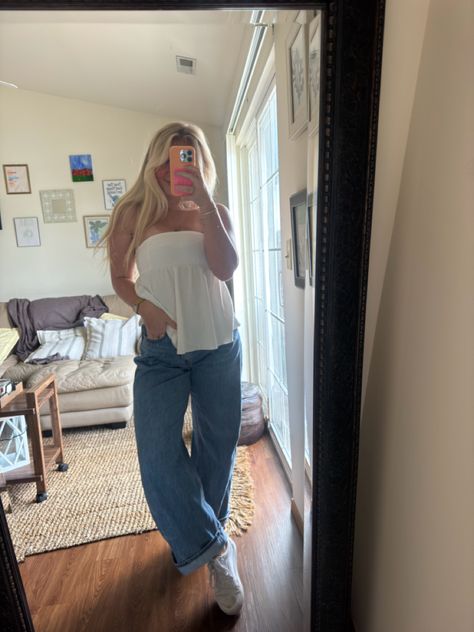 barrel jeans, tube top, Modest Tube Top Outfit, Jeans Tube Top, Tube Top Outfit, Tube Top Outfits, Barrel Jeans, Jeans Outfits, Top Outfit, Farmers Market