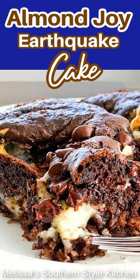 Feb 7, 2021 - This Almond Joy Earthquake Cake is fun to make and eat! #almondjoycake #earthquakecake #almondjoycandy #coconut #chocolatecakes #cakes #cakerecipes #almondjoy #desserts #dessertfoodrecipes #southernrecipes #southernfood #holidaybaking #sheetcakes Earthquake Cake Recipes, Almond Joy Cake, Earthquake Cake, Apple Dishes, Cake Mix Desserts, Almond Joy, Delicious Cake Recipes, Chocolate Cake Mixes, A Piece Of Cake