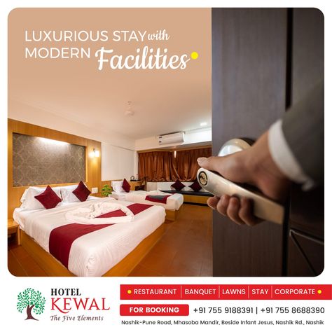 "Enjoy your A Comfortable & Cozy Stay" A Budget-friendly stay with us Hotel Kewal AC Hotel & AC Banquet Hall For Functions AC Hotel For Corporate Stay Book Now 075591 88391 02532451302 #nashik #hotelkewal #thefiveelements #acrooms #rooms #hotel #nashikroad #acbanquet #couplestay #restaurantfacility #lawns #banquet #restaurant Hotel Ads Creative, Hotel Creative Ads, Banquet Restaurant, Rooms Hotel, Hotel Ads, Ac Hotel, Creative Graphic Design, 22 Years Old, Banquet Hall