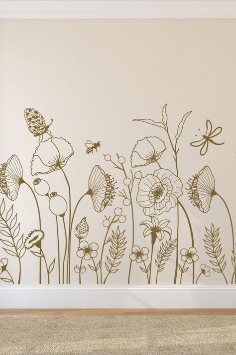 This vinyl wall decal has no clear or colored background. Transfer tape is used to transfer the design to the wall and then removed, leaving only the design on the wall. It is easily removed without damaging interior walls, but it is not reusable. Wildflower Mural, Wildflowers Garden, Wildflower Wall, Tropical Wall Decor, Floral Nursery Decor, Family Wall Decals, Palm Tree Wall Art, Flower Wall Decals, Floral Decal