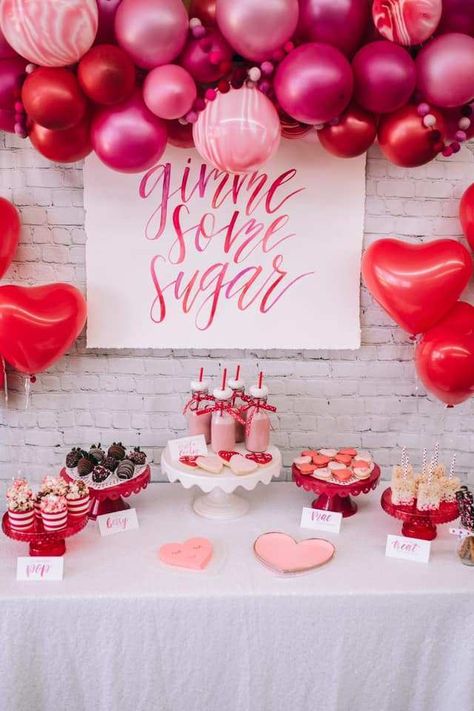 The perfect Valentine's Day event decor! Pink and red watercolor brush calligraphy sign reading "Gimme Some Sugar". Created by Olive Fox Design | www.olivefoxdesign.com Valentine Day Party Decorations, V Day Party Ideas, Valentines 30th Birthday, Birth Day Decoration Ideas, Valentines Esthetics, Birthday Valentines Theme, Valentines Day Decorations Balloons, Party Hearty Birthday, Valentines Brunch Decorations