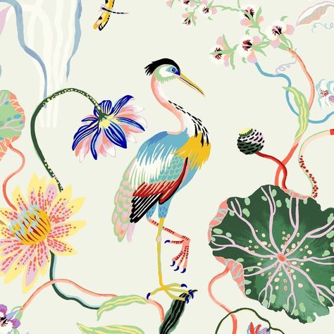 Instagram Bird Motif Design, Birds Print Pattern, Japanese Bird Illustration, Retro Bird Pattern Wallpaper, Floral Bird Print Pattern, Shabby Chic Bags, Jungle Mural, Fabric Print Design, Mural Design