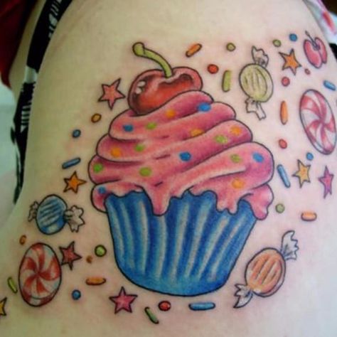 Cupcake Tattoo Designs, Baking Tattoo, Cupcake Tattoo, Candy Tattoo, School Cupcakes, Cupcake Tattoos, Sacred Tattoo, Bright Tattoos, Sweet Tattoos