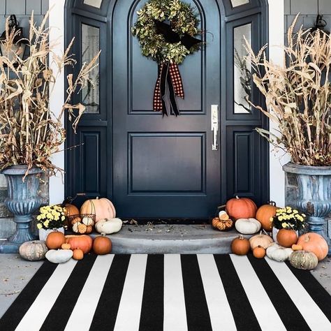 Layered Door Mats, Black And White Outdoor Rug, Front Porch Rug, Front Door Entryway, Halloween Front Doors, Halloween Front Porch Decor, Halloween Door Mat, Porch Rug, Halloween Porch Decorations