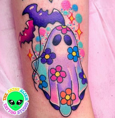 Kassidy Autumn | Ghosty for Emily today 👻... | Instagram Y2k Tattoo Sleeve, Girly Pop Tattoo, Lisa Frank Tattoo Ideas, Sublime Tattoo Ideas, Colorful Arm Tattoos For Women, Bright Tattoos For Women, Lisa Frank Tattoo, Groovy Tattoo, Sublime Tattoo