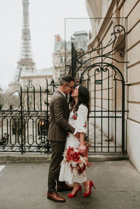 Bride With Red Shoes, Wedding Dress With Red Shoes, High Street Wedding Dresses, Wedding Dress Red, Red Flower Bouquet, Black Tie Attire, Paris Elopement, Embroidered Wedding Dress, Romantic Paris