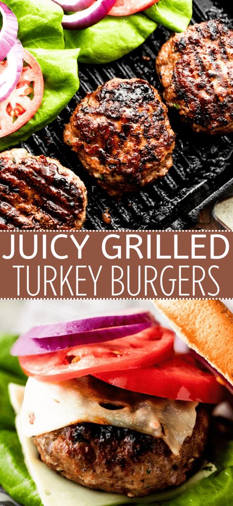 With ground turkey, grated onion, Worcestershire sauce, and a few other basic ingredients, these Grilled Turkey Burgers are guaranteed to turn out juicy, savory, tender, and perfect for warm-weather dinners! Grilled Turkey Burgers Recipes, Turkey Burger Recipes Healthy, Homemade Turkey Burgers, Ground Turkey Burgers, Blackstone Cooking, Best Turkey Burgers, Turkey Patties, Grilled Turkey Burgers, Ground Turkey Recipes Healthy