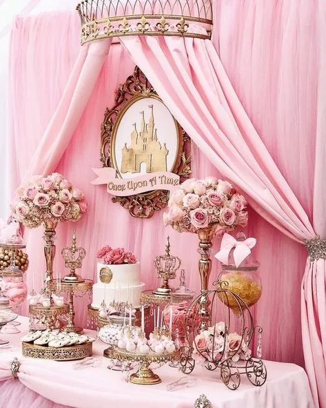 17 Adorable Baby Shower Backdrop Ideas That Will Make Your Photos Pop! Pink Princess 1st Birthday Party, Pink Princess Party Decorations, Once Upon A Time First Birthday Theme, Princess Themed Wedding, Fairytale Theme Party, Cowboy Princess, Princess Baby Shower Theme, Princess Baby Shower Ideas, Princess Theme Party Decorations