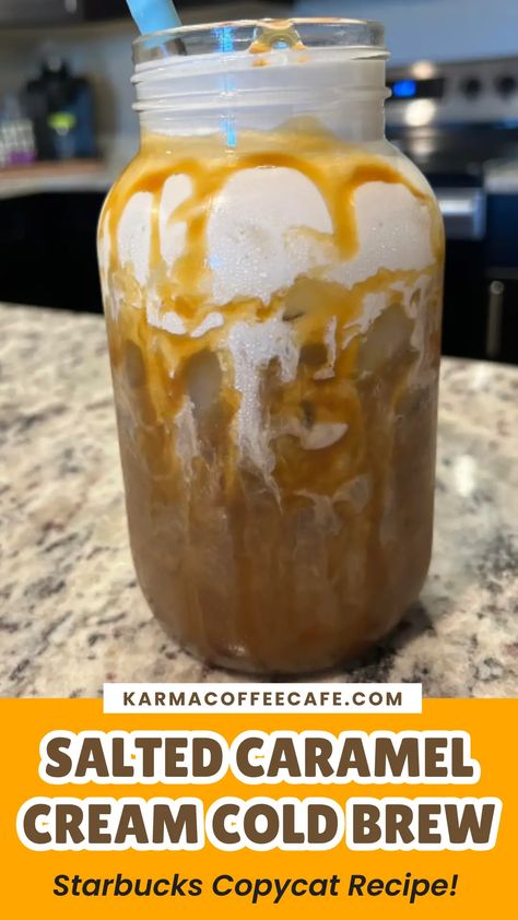 Salted Caramel Cream Cold Brew (Starbucks Copycat Recipe) Salted Caramel Creamer Recipe, Caramel Cold Brew Coffee Recipe, Caramel Creamer Recipe, Homemade Cold Foam, Salted Caramel Coffee Recipe, Salted Caramel Cream Cold Brew, Caramel Cream Cold Brew, Salted Caramel Cold Brew, Caramel Coffee Recipe