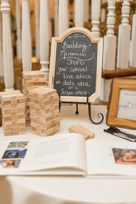 Engagement Guest Book Ideas, Wedding Sign In Book Ideas, Wedding Jenga Guest Book, Wedding Shower Guest Book Ideas, Jenga Guest Book Wedding, Bridal Shower Guest Book Ideas, Guestbooks Ideas For Wedding, Guest Book Jenga, Jenga Wedding Guest Book