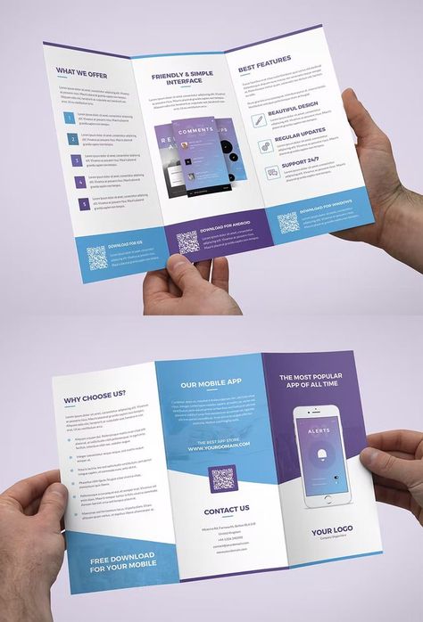 Mobile Apps Tri-Fold Brochure Template PSD Healthcare Brochure, Tri Fold Brochure Design, Burger Ads, Presentation Design Layout, Trifold Brochure Design, Brochure Template Psd, Annual Report Design, Fold Brochure, Report Design