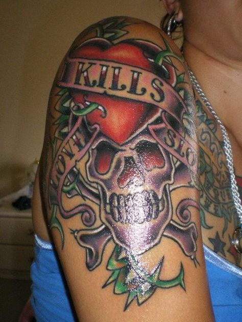 Ed hardy love kills slowly Love Kills Slowly Tattoo, Monster Ink, Ed Hardy Designs, Ed Hardy Tattoos, Good Tattoos, Art Trippy, Traditional Tattoos, San Antonio Texas, Love Tattoos