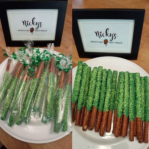 Sweet 16 Cake Ideas Sage Green, Green Pretzel Rods, Green Chocolate Covered Pretzels, Turtle Themed Birthday Party, Green Themed Birthday Party, Green Pretzels, Birthday Party Green, Princess Tiana Birthday Party, Tiana Birthday Party