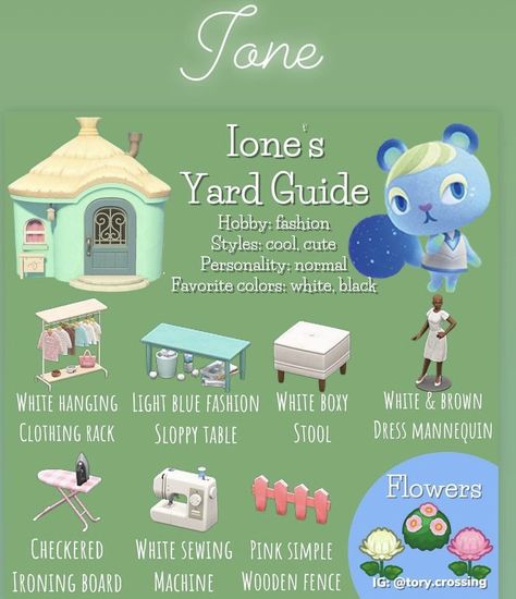 Yard Guides Animal Crossing, Acnh Sylvana Yard Ideas, Ione Animal Crossing Gift Guide, Blue Villagers Animal Crossing, Judy Yard Guide Acnh, Ione Yard Guide Acnh, Acnh Diana Yard, Villager Yard Guide Acnh, Acnh Blue Villagers