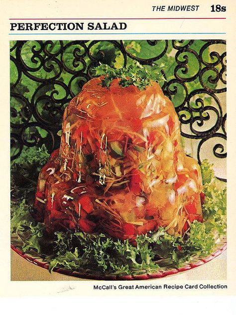 So I just whipped up this lovely  noodle?, veggie?, and parsley adorned gelatin salad, who wants to come over for lunch? Like the title says It's the 'Perfection Salad'! ; ) Tomato Aspic, 70s Dinner Party, 70s Food, Ugly Food, Gross Food, Jello Recipes, Family Circle, Vintage Cooking, Dinner Party Recipes