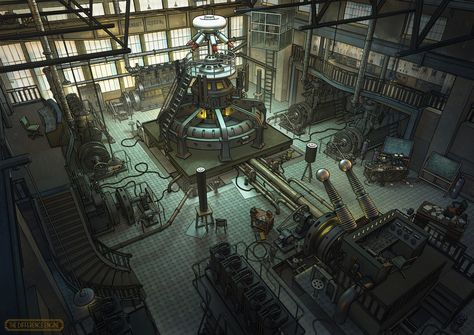 ArtStation - The Difference Engine - Tesla Lab Robot Factory Concept Art, Cyberpunk Lab, Lab Concept Art, Steampunk Lab, Scifi Lab, Difference Engine, Robotics Lab, Secret Lab, Scifi Interior