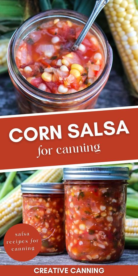 homemade salsa in a mason jar ready for water bath canning Sweet Corn Salsa Recipe Canning, Canned Corn Salsa Recipe Easy, Mango Peach Salsa Canning, Veggie Salsa Recipe, Canning Salsa With Corn And Black Beans, Roasted Corn Salsa Recipe For Canning, Salsa With Corn Recipe, Tomato And Corn Salsa Recipe, Salsa Recipes For Canning Homemade