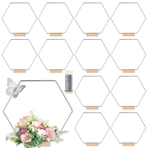 PRICES MAY VARY. 12 PCS Set: The package comes with 12-pack hexagonal metal hoops for crafts, 12 pcs of wooden place stands, 38 yards of paddle wire, and 1 pack of double side tape. Great combo for making any amazing metal floral hoop centerpiece. Strong and Smooth Metal Rings: MJRASG macrame rings are made of high-quality, wear-resistant metal, which is smooth and won't fade. The smooth surface will not hurt your fingers. The floral hoop surface is also glazed to prevent oxidation and rust; the Rings Craft, Making Centerpieces, Macrame Ring, Gala Decorations, Floral Hoop Wreath, Hexagon Wedding, Diy Centerpiece, Birthday Wreath, Macrame Rings