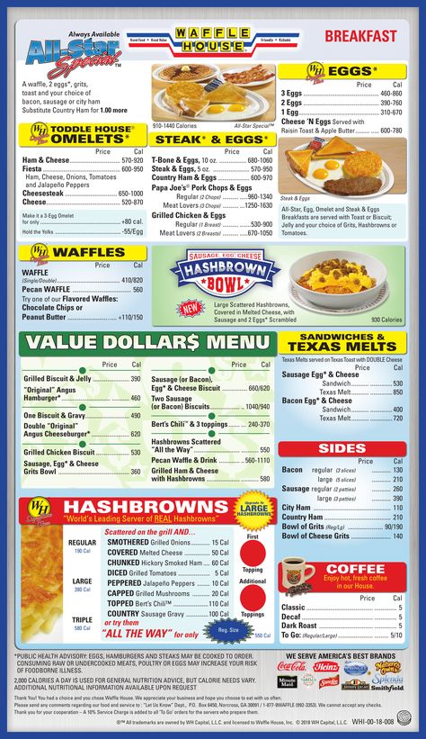 Waffle House Menu Prices, Waffle House Food, Waffle House Breakfast, Waffle House Menu, Secret Menu Items, Breakfast Specials, Bacon On The Grill, Pecan Salad, Breakfast Waffles