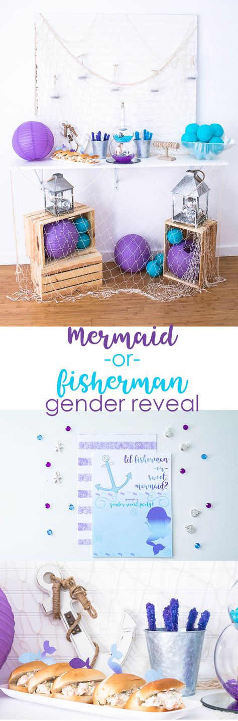 Mermaid or Fisherman Gender Reveal Party by Making the World Cuter Gender Ideas, Baby Reveal Ideas, Gender Reveal Box, Pregnancy Ideas, Pregnancy Gender, Pregnancy Gender Reveal, Gender Announcements, Angela Baby, Baby Shopping