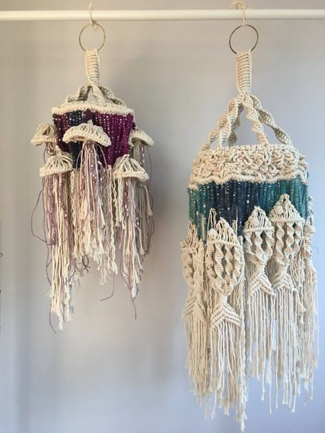 Macrame Jellyfish, Jellyfish Mobile, Chandelier Nursery, Lantern Fish, Macrame Fish, Macrame Lantern, Boho Lanterns, Hanging Jellyfish, Jellyfish Jewelry