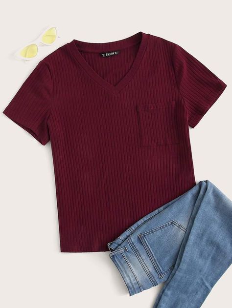 Maroon Tshirt, Tshirt Outfit, Latest T Shirt, Clothing Inspiration, Knit Sleeve, Women T Shirts, Knit Tees, Shein Style, Neck Pattern