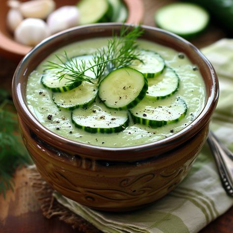 🥒🌿 Cool down with this refreshing Cucumber Gazpacho! #SummerSoup #HealthyEating Cucumber Gazpacho Ingredients: Cucumbers (3, peeled and chopped) Greek yogurt (1 cup) Garlic (1 clove) Lemon juice (2 tbsp) Olive oil (2 tbsp) Fresh dill (1 tbsp, chopped) Salt (to taste) Pepper (to taste) Water (as needed) Instructions: In a blender, combine cucumbers, Greek yogurt, garlic, lemon juice, olive oil, dill, salt, and pepper. Blend until smooth, adding water as needed for desired consistency. Chil... Dill Salt, Cucumber Gazpacho, Chilled Soup, Instagram Recipes, Summer Soup, Twisted Recipes, Trending Recipes, Fresh Dill, Gazpacho