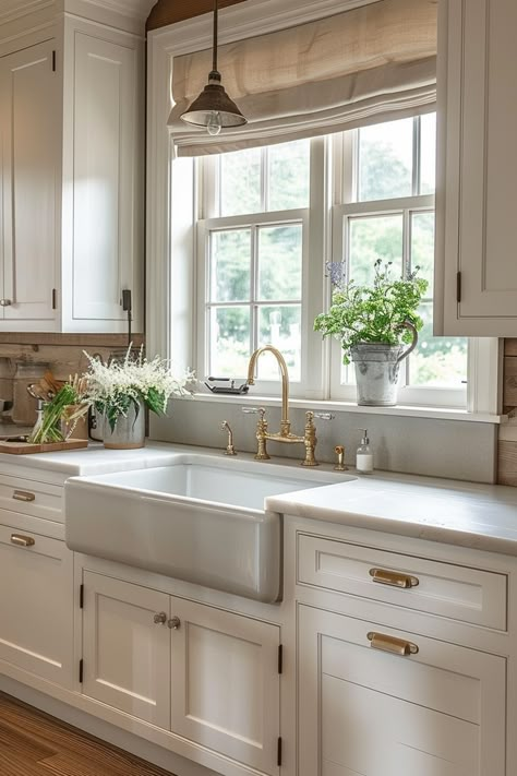 Add Privacy and Style with Farmhouse Kitchen Window Treatments - Quiet Minimal Window Above Sink Decor, Kitchen Cabinets With Windows, Small Kitchen Window Ideas, Farmhouse Kitchen Window Treatments, Cozy Curtains, Farmhouse Kitchen Window, Kitchen Window Ideas, Large Kitchen Window, Cali House