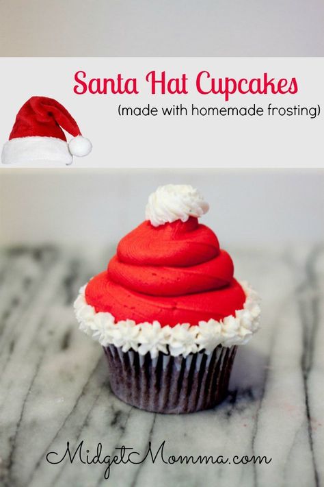 Santa Hat Cupcake. These Sanata hat cupcakses are easy to make, make with your… Cupcake Receptek, Jul Kaka, Homemade Icing, Hat Cupcakes, Christmas Party Treats, Pinterest Christmas, Holiday Cupcakes, Homemade Frosting, Cupcakes Decorados