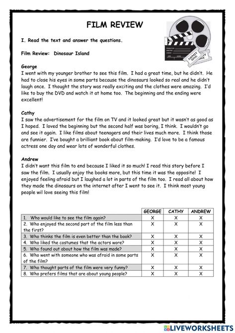 Movie Review Worksheet, Movie Analysis Worksheet, Horrors Beyond Your Comprehension, Comprehension Exercises Grade 7, Film Review Essay, English For Students, Closer Movie, Movie Review, Teaching Grammar