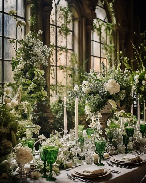 Ballroom Table Decor, Home Engagement Decoration, Green And White Table Decor, Lush Green Wedding, Enchanted Forest Prom, Victorian Wedding Themes, Sweetheart Table Decor, Green Event, Wedding Flower Design