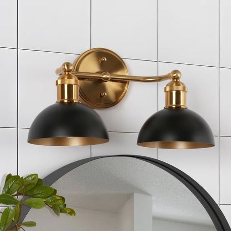 Everly Quinn Mantasha 2 - Light Dimmable Vanity Light | Wayfair Black And Brass Bathroom Lighting, Brass And Black Bathroom, Black And Brass Bathroom, Brass Bathroom Lighting, Industrial Bathroom Lighting, Industrial Vanity Light, Industrial Vanity, Black And Gold Bathroom, Brass Vanity Light