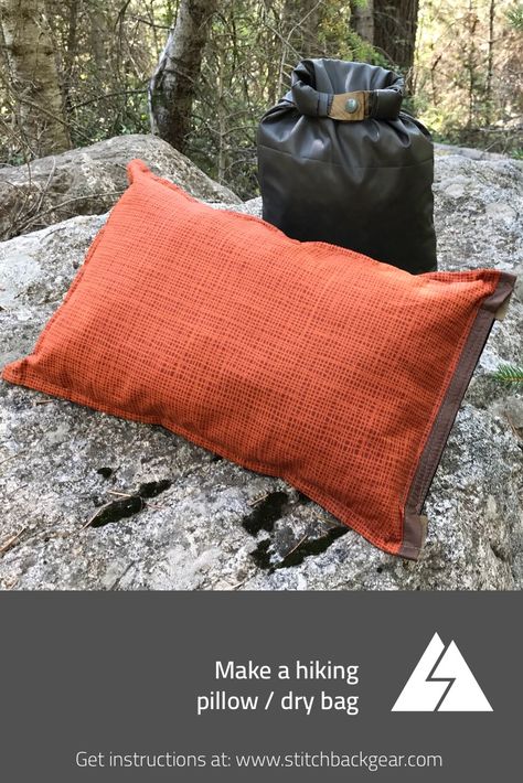 Make your own dual use hiking pillow / drybag.  #myog #diy #selfmade #ultralightbackpacking #hiking #sewing #silnylon #ultralight #makeyourowngear Hiking Sewing Projects, Diy Hiking Gear, Diy Bushcraft Gear, Camping Bedding, Backpack Project, Camping Gear Diy, Bikepacking Gear, Backpack Sewing, Outdoor Trekking