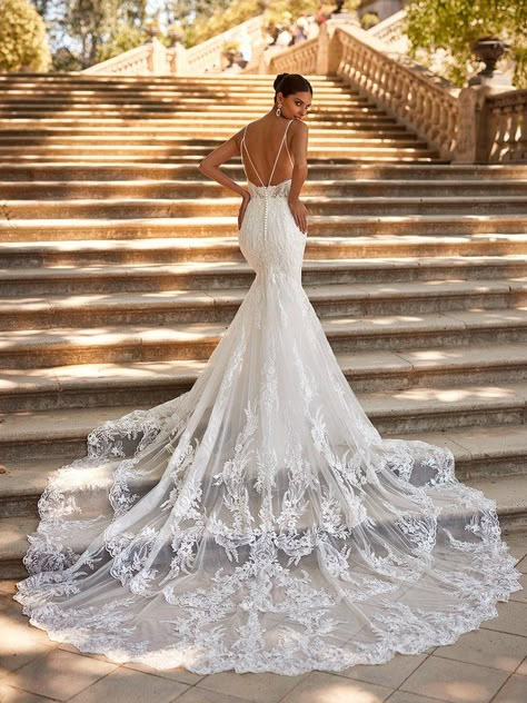 Slim Fit Wedding Dresses With Train, Mermaid Long Train Wedding Dress, Elegant Wedding Dress Cathedral Train, Mermaid Dress With Long Train, Wedding Dress Dramatic Train, Lace Mermaid Wedding Dress Open Back Long Train, Form Fitting Wedding Dress With Train, Dramatic Train Wedding Dress, Fitted Wedding Dress With Long Train