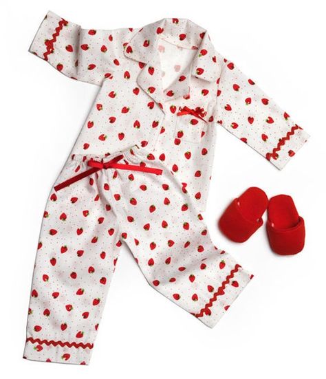 "Sweet 18\" dolls pajamas. A strawberry print on white cotton background. Pj pants have elastic waist and the top closes with buttons. Both trimmed with red ribbons. Paired with matching red slippers. Strawberry Field cotton pajamas Includes: pants, top and slippers Doll Clothes fit dolls such as 18\" American Girl and Our Generation. Shipping from New Hampshire." Strawberry Field, White Slippers, America Girl, American Girl Doll Accessories, Red Slippers, American Girl Doll Clothes Patterns, American Doll Clothes, Ag Doll Clothes, Cotton Pajamas