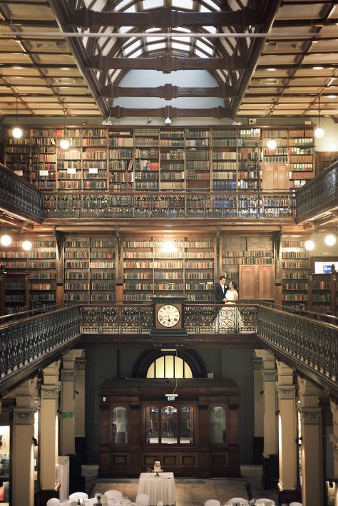 Weddings In Libraries, Library Aesthetic Wedding, Vintage Library Wedding, Bookstore Wedding Reception, Wedding Ideas Library, Wedding In A Library, Wedding In Library, Peabody Library Wedding, Mortlock Library