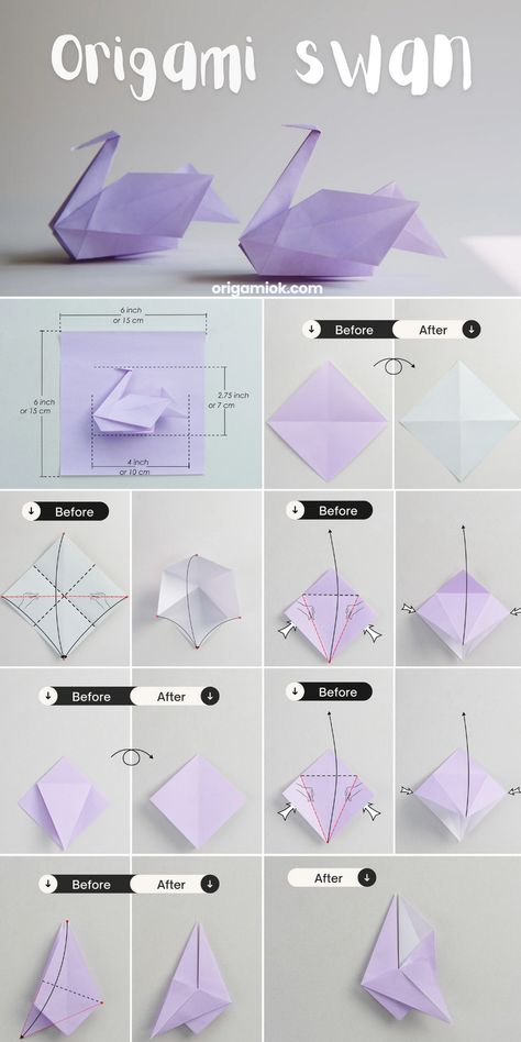 Origami swan is very popular and representative in the world of origami, this instruction is a middle version of a swan, which means it is more elegant and delicate. The only challenge is making the bottom and neck of the swan at the end, but don’t worry, we offer a very detailed step by step tutorial, you are sure to make it. How To Make Origami Swan, How To Make Cute Origami, How To Make A Swan Out Of Paper, Origami Art Animals, Free Origami Printables, Origami Patterns Step By Step, Animal Origami Tutorial, Origami Swan Step By Step, Cool Origami Step By Step