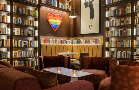 This new bookstore in Soho turns into a wine bar at night Bookshop Café, L Shaped Bar, Napa Valley Wineries, Bookstore Cafe, Wine Book, Nyc Bars, Book Bar, Book Cafe, Red Sofa