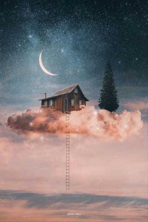 House In The Clouds, Surealism Art, Surreal Artwork, Night Sky Wallpaper, Surrealism Photography, Fantasy Pictures, Above The Clouds, In The Clouds, 판타지 아트