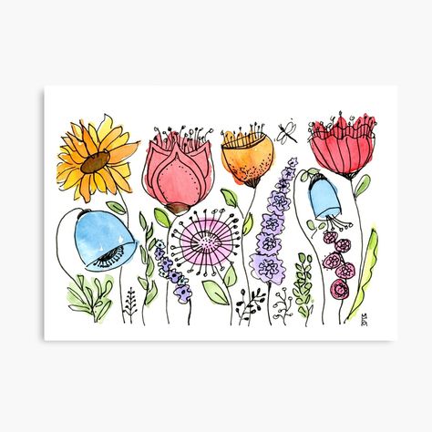 "flower doodles 5" Art Board Print for Sale by Betsy Meynardie | Redbubble Whimsy Flowers, Pen And Watercolor, Happy Paintings, Flower Doodles, Whimsical Art, Art Boards, Doodles, Flowers, Art