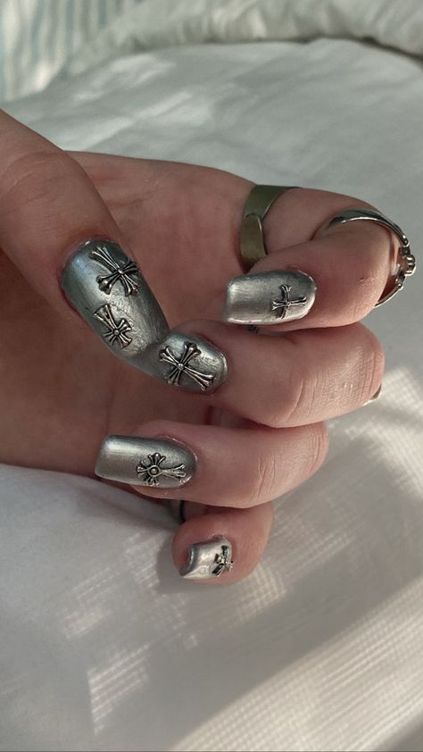 Nails Chrome Heart, Chrome Hearts Nails, Hearts Nails, Project 2025, Nails Chrome, Mens Nails, Chrome Nail, Heart Nails, Chrome Nails