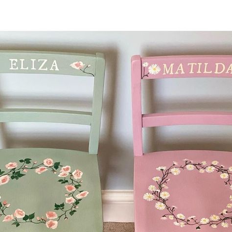 Kate MacLeod Designs on Instagram: "Sometimes the best things come in pairs, like these two hand painted vintage school chairs, for sisters Matilda and Eliza #twins #giftsfortwins #handpainted #childrensfurniture #nurserydecor #nurserydesign #nurserydecoration" Painted Vintage Chairs, Pairs Of Things, Door Painting Ideas Bedroom Vintage, Kids Room Theme Ideas, Hand Painted Shelves, Hand Painted Home Decor, Grand Millennial Aesthetic, Anthropologie Home Diy, Matilda Nursery