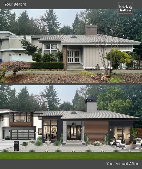 Exterior Renovation Before And After, Exterior Remodel Before And After, Mural House, Remodeled House, Flip Houses, Beautiful Pantry, House Lift, Ranch House Exterior, Face Ideas