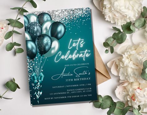 Editable Teal Silver Birthday Party Invitation, Printable 5x7 Invitation Template, Evite, Editable Template, Instant Download by VanessaDigitalShop on Etsy Silver Birthday Party, Digital Invitations Birthday, Blue Birthday Party, Red Birthday Party, Birthday Dinner Invitation, Bubble Birthday, Blue Birthday Parties, Silver Birthday, Purple Balloons