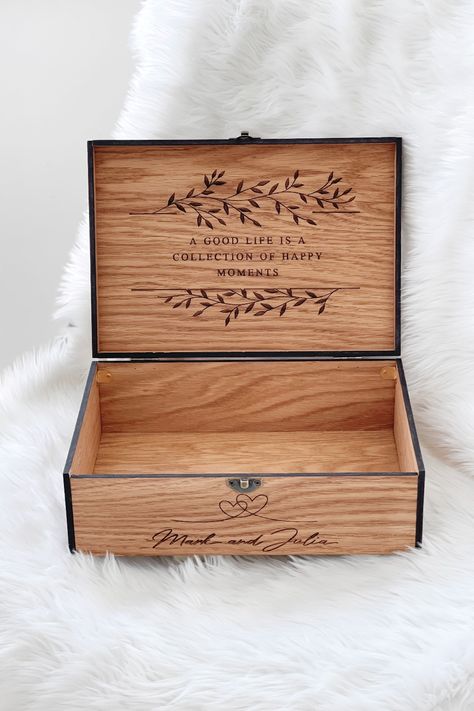 Find the perfect love gift for him or her with our engraved memory wooden keepsake box. Ideal for couples, this personalized stash box is a unique gift for boyfriend, girlfriend, women, and men. Buy now and store your cherished memories in style. Unique Gifts For Boyfriend, Wedding Card Box, Wooden Keepsake Box, Stash Box, Card Box Wedding, Couple Wedding, Perfect Love, Gift For Boyfriend, Keepsake Box