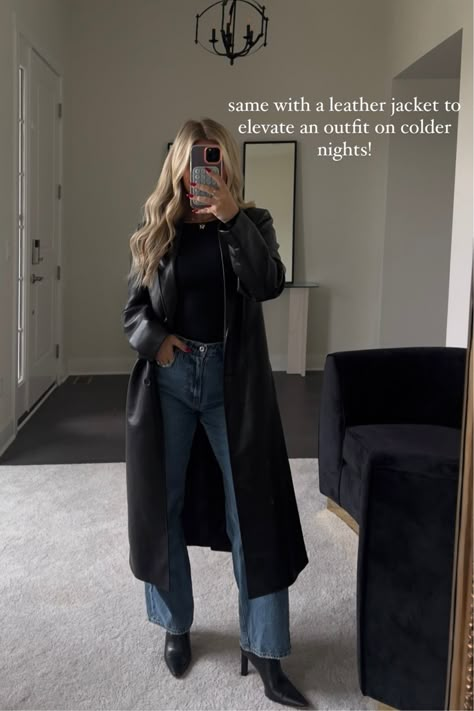 Long Dresses With Jackets Outfit, How To Style A Leather Trench Coat, Outfits With Long Leather Jackets, Black Leather Long Jacket Outfit, Long Leather Jacket Outfits Women, London Fog Trench Coat Outfit, Leather Long Jacket Outfit, Long Brown Leather Jacket Outfit, Outfit Manteau Long Noir